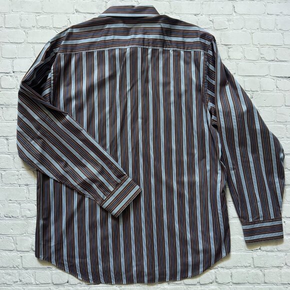 Mens Bugatchi Uomo Vertical Striped Brown Blue Button Up Dress Shirt XXL - Picture 5 of 5